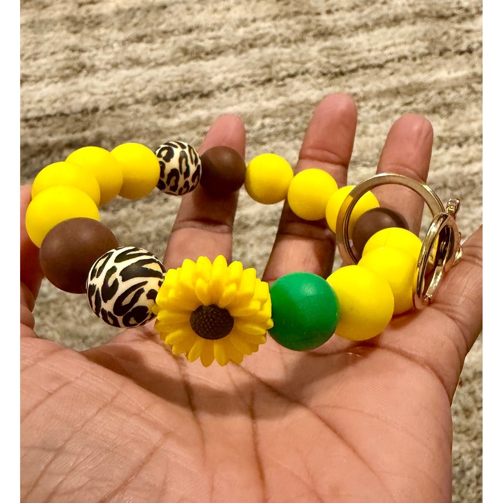 Sunflower Silicone Bead Keychain Bracelet Wristlet Leopard Print Yellow Boho